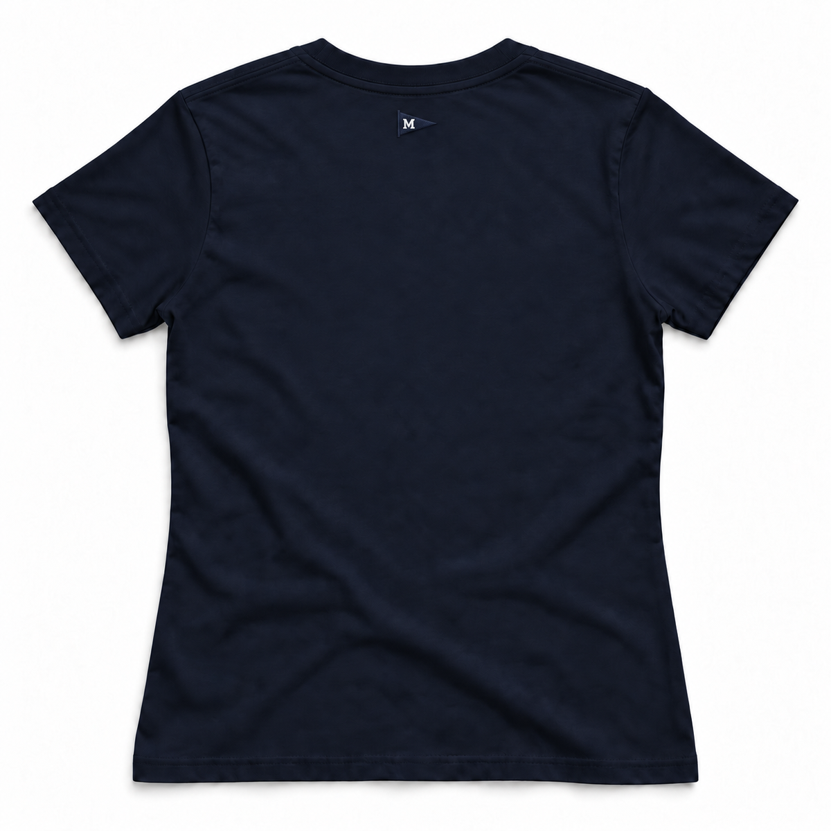 A dark navy blue short-sleeve t-shirt shown from the back, featuring a small white stylized 'M' logo printed inside the collar, set against a plain white background.