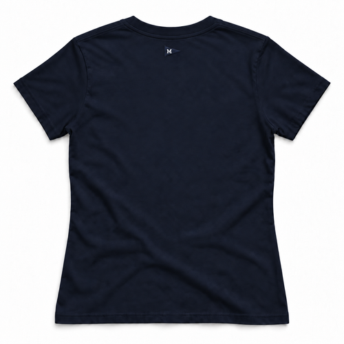 A dark navy blue short-sleeve t-shirt shown from the back, featuring a small white stylized 'M' logo printed inside the collar, set against a plain white background.