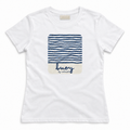 A white short-sleeve crewneck t-shirt by Montserrat, featuring a central graphic print of navy blue horizontal stripes on the top half and a cream-colored bottom half with the brand name 'buoy by Montserrat' written in navy script.