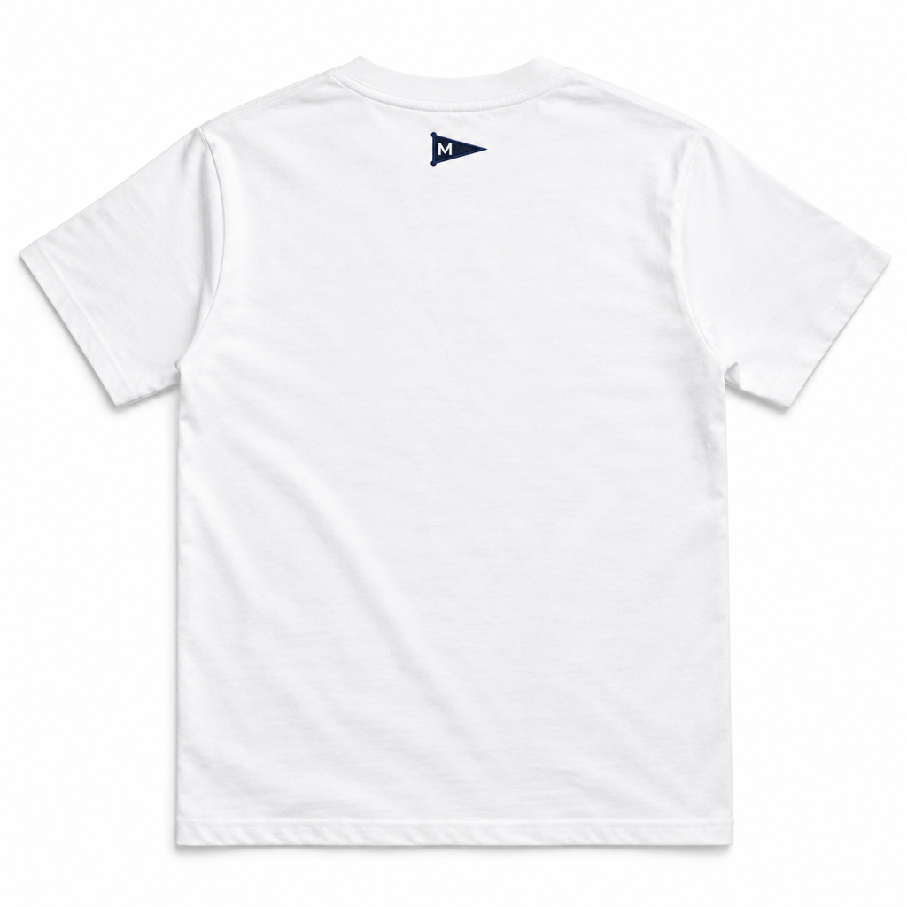 White short-sleeve crewneck t-shirt shown from the back, featuring a small navy blue flag logo with a white letter 'M' on the upper back.