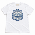 A white short-sleeve crewneck t-shirt featuring a blue and navy graphic print on the front with a sailboat, anchor, and the text 'Montserrat Yacht Club'.